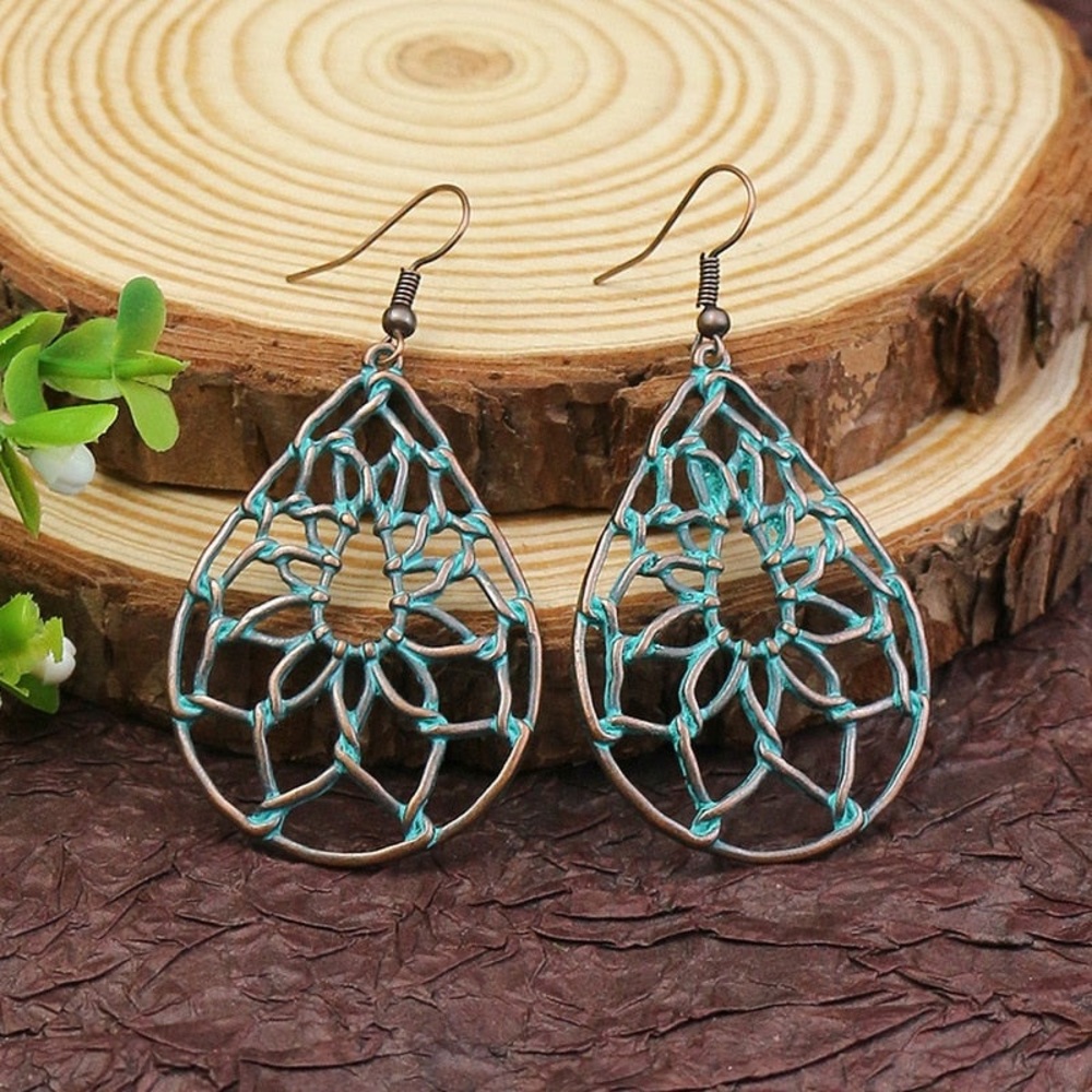 New Bohemian Cut Out Floral Dream Catcher Copper Turquoise Dangle Earrings - Picture 8 of 8
